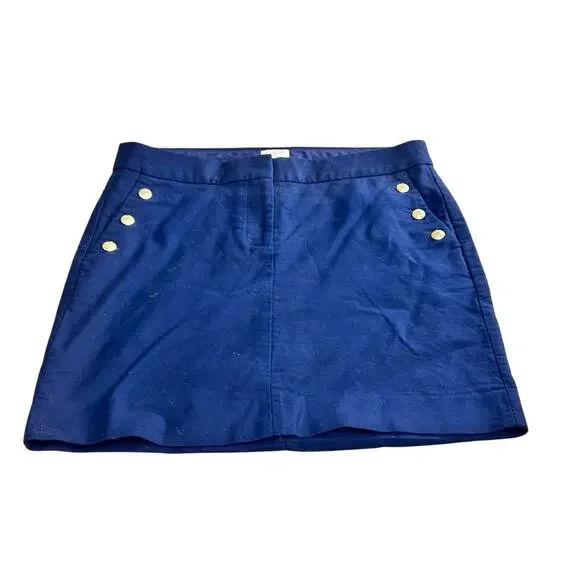 J.Crew Navy Blue Mini Skirt Sz 4 Nautical Coastal Cotton Gold Buttons Pockets - Picture 2 of 5